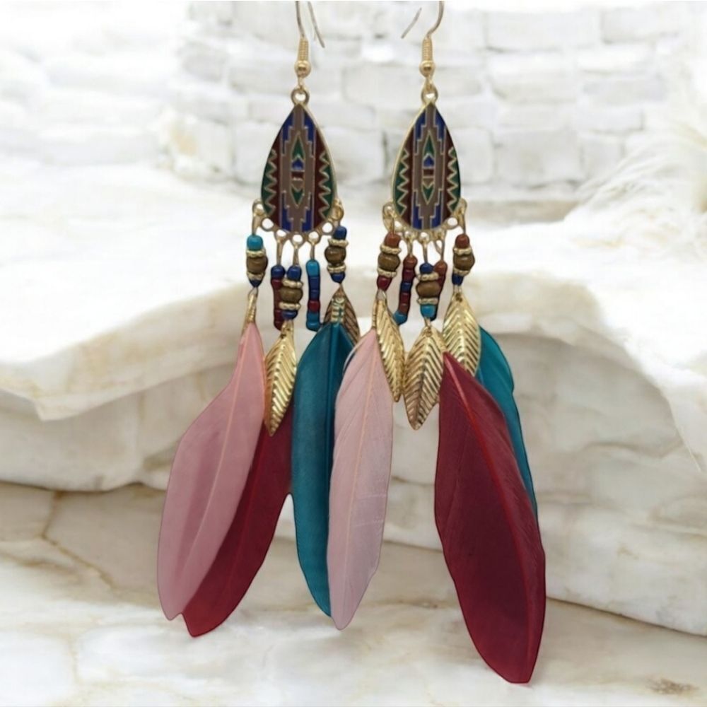 Burgundy Feather Tassel Earrings Boho Tribal Festival Dangle Gypsy Soul Rustic - Picture 5 of 7